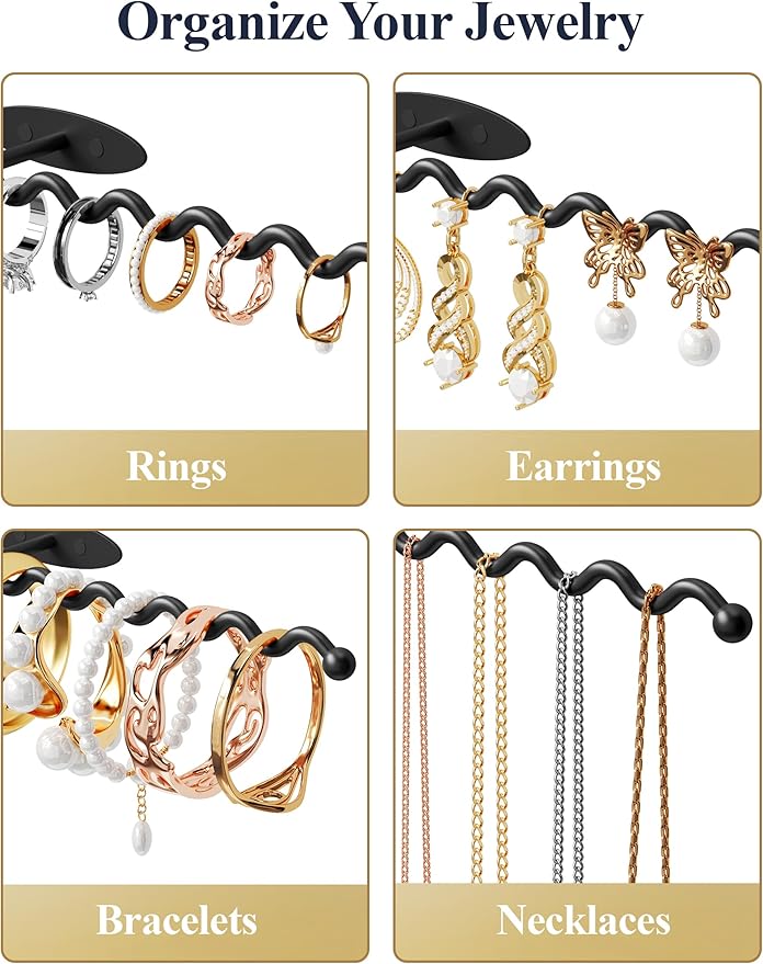 NiHome Wall Mounted Metal Jewelry Organizer Racks for Necklaces, Earrings, Bracelets, Rings, Decorative Display Wave Design Storage Holders for Bedroom, Bathroom, Kitchen, Entryway (4-Pack, Black)
