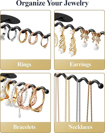 NiHome Wall Mounted Metal Jewelry Organizer Racks for Necklaces, Earrings, Bracelets, Rings, Decorative Display Wave Design Storage Holders for Bedroom, Bathroom, Kitchen, Entryway (4-Pack, Black)