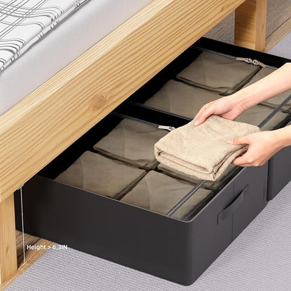 CYhom 3Pcs Under Bed Storage Bins with Metal Frame - Shoe Organizer for Closet with Clear Cover Oxford Fabric Sturdy Underbed Container Foldable Stackable Clothes Organizer (Black, 23.5x15.7x6.3)