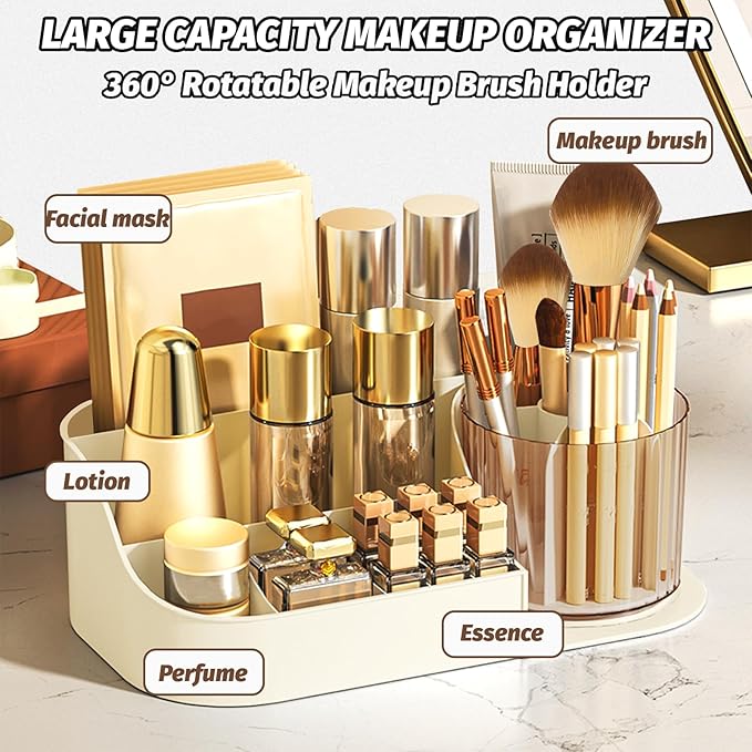 DASITON Large Capacity Makeup Organizer with 360° Rotating Makeup Brush Holder, Perfume and Skincare Storage Organizers for Vanity Bathroom Countertop, Cosmetic Display Case (Cream, 1 Tier)
