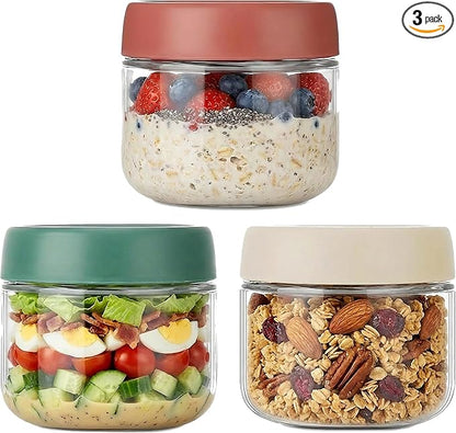 3Pack Overnight Oats Containers with Lids,10oz Glass Jar with Scew Lid,Salad Dressing Fruit Veggies Sauce Snacks Meal Prep Food Containers,Spice Jars,Wide Mouth Storage Containers