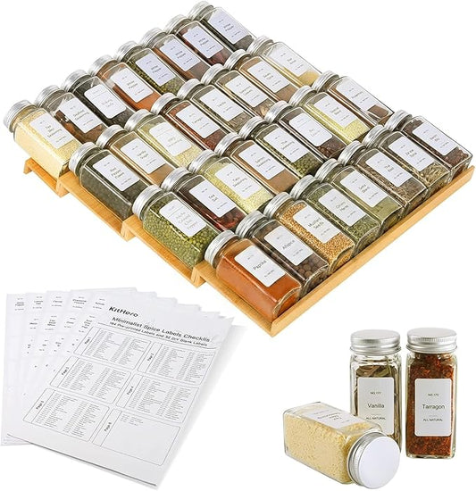 Spice Drawer Organizer with 35 Spice Jars,216 Labels,25 Non-slip Rubber, Bamboo 4 Tier Seasoning Rack Tray Insert for Kitchen Drawers,Cabinets,Countertop,14.6" Wide x 15.8" Deep