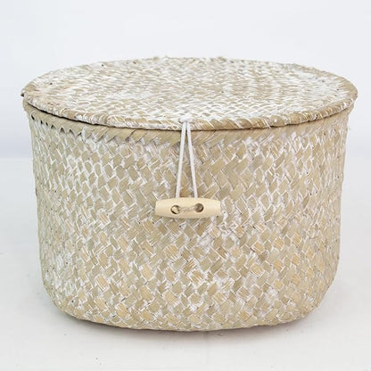 Seagrass Handmade Basket with Lid, Small Round Basket for Storage, Decorative Home Organizer Decor(7"L X 5"H, White)