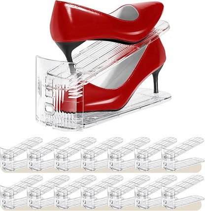 Shoe Slots Organizer 15 Pack - Shoe Stackers,3 Levels Adjustable,Space Savers 50%,Double Layer Holders for Closet (Transparent),Organizador de Zapatos