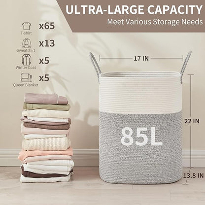 AINUOQI Laundry Basket with Handles - Blanket Basket & Hampers for Bedroom Aesthetic, Laundry Hamper & Blanket Storage for Living Room, Clothes Hamper, Tall, Large 17" x 14" x 24”, White & Grey