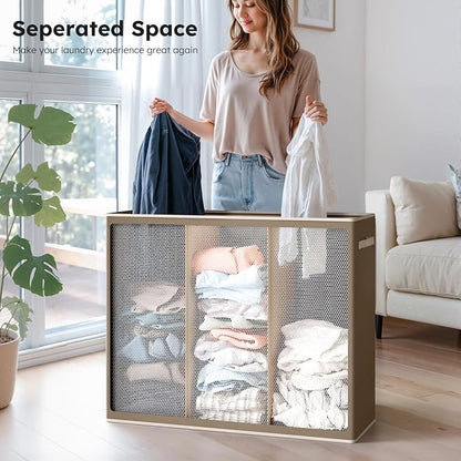 SOLEDI 180L 3-Section Laundry Hamper with Lid, Extra Large Dirty Clothes Basket with Sturdy Handles for Laundry Room & Bedroom - Durable Organizer for Sorting Laundry