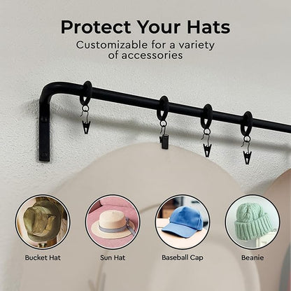 Wall Mounted Hat Display Rack, 35 inch Iron Rod with 6 Clips, Handcrafted, Antique Black