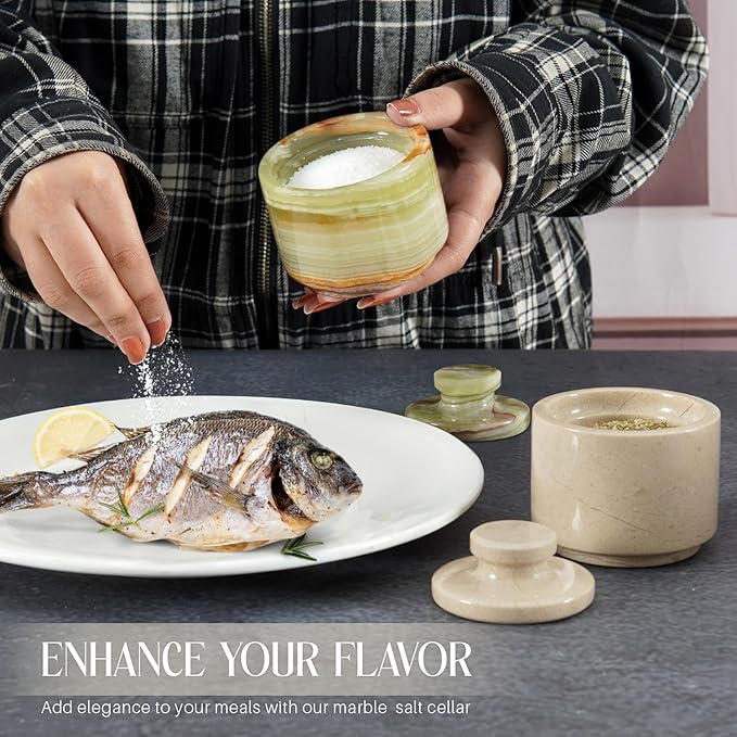 MARBLOUS KRAFTS Marble Salt Cellar with Lid 3" Inch Green Onyx and Verona Salt Holder, Ideal for Sugar, Salt, and Pepper Bowls, Perfect for Kitchen Storage and Countertop, Gift for Mom