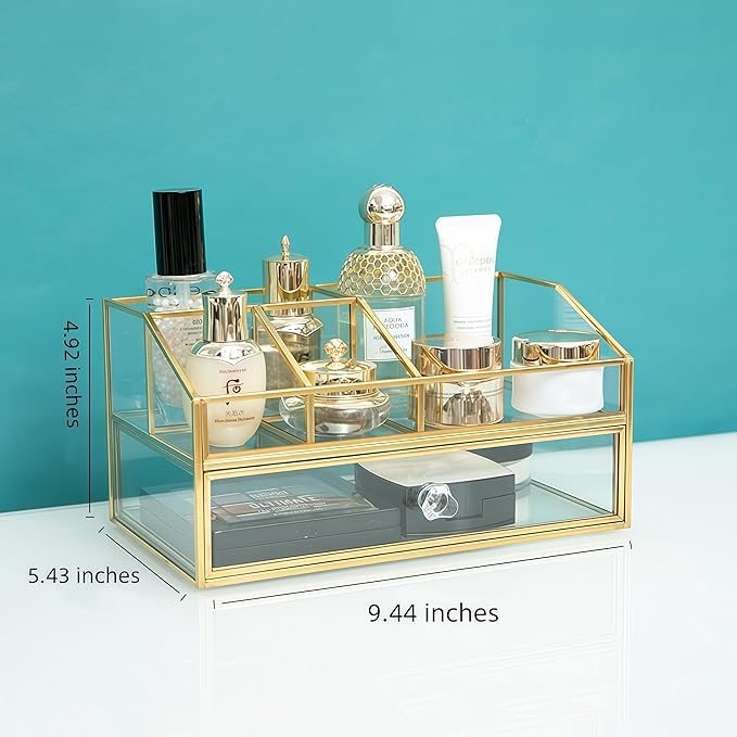 JIARI Glass Makeup Organizer with Drawer, Gold Frame Jewelry Display Box, Nordic Style Cosmetic Storage for Vanity Bathroom Bedroom Office, 9.44x5.43x4.92 Inches (Storage Box-2 Tier)