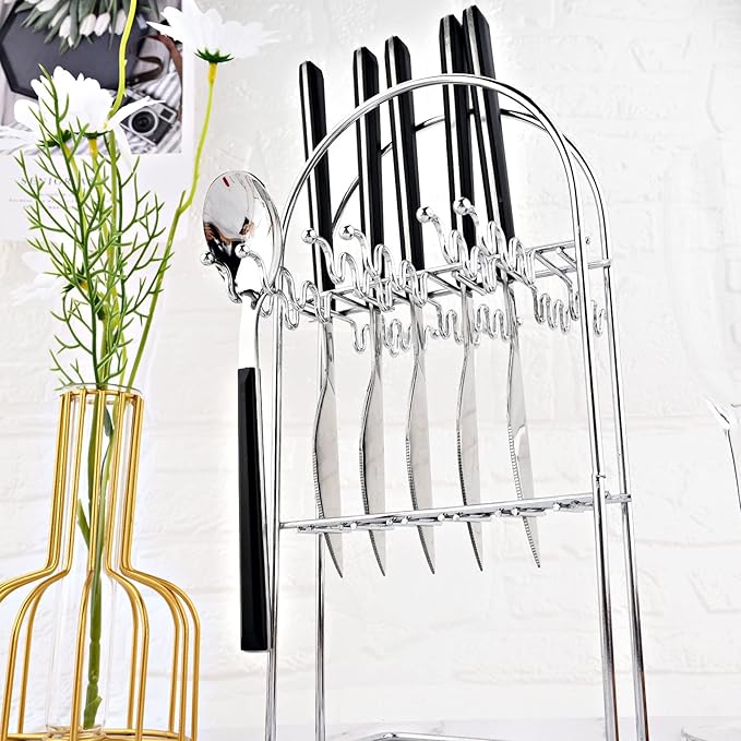 24Pcs Black Handle Flatware Silverware Set with Stand, Silver Stainless Steel Cutlery Set for 6, Square Handle Eating Utensils, Mirror Polished