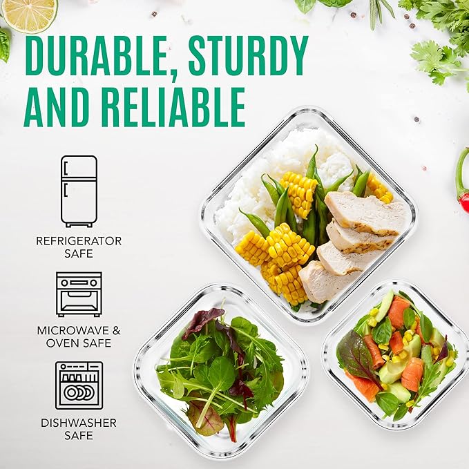 Razab 6 PC Square Glass Food Storage Containers with Airtight lids (74, 40 & 18 oz) Kitchen Glass Meal Prep Containers Set for Freezer Reusable Leftover Lunch Boxes, Oven, Microwave, Dishwasher Safe