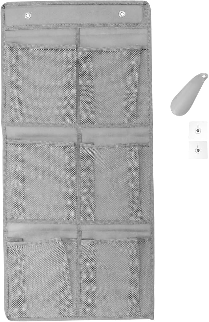 Lurrose Wall Mounted Shoe Organizer Rack with 6 Mesh Pockets, Hanging over Door Storage for Sneakers and Boots, Includes Shoe Horn, Space-saving Entryway and Closet Organizer, 2pcs Set