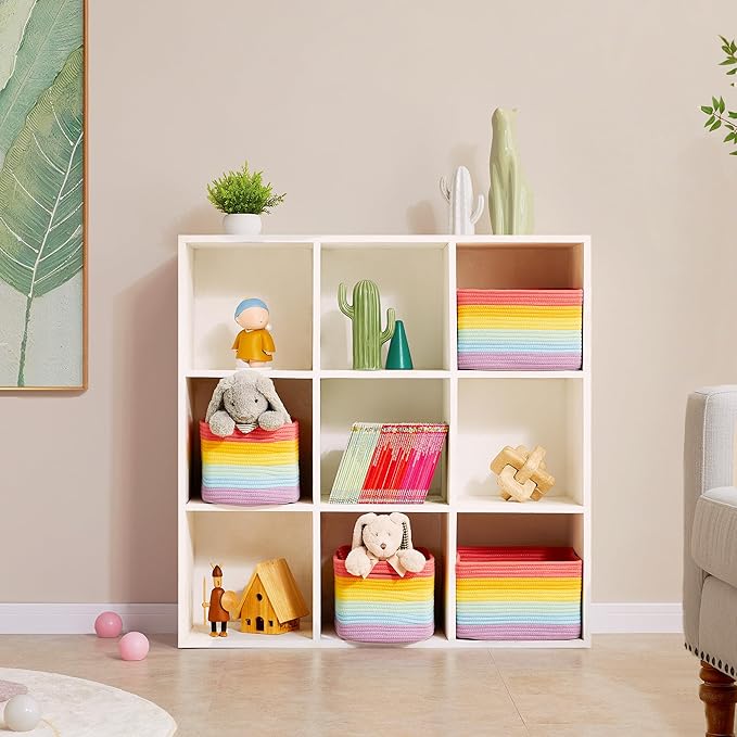 Set of 4 Rainbow Rope Basket for Shelves Woven Rectangle Storage Basket Bins for Nursery Toy Storage for Baby Girl
