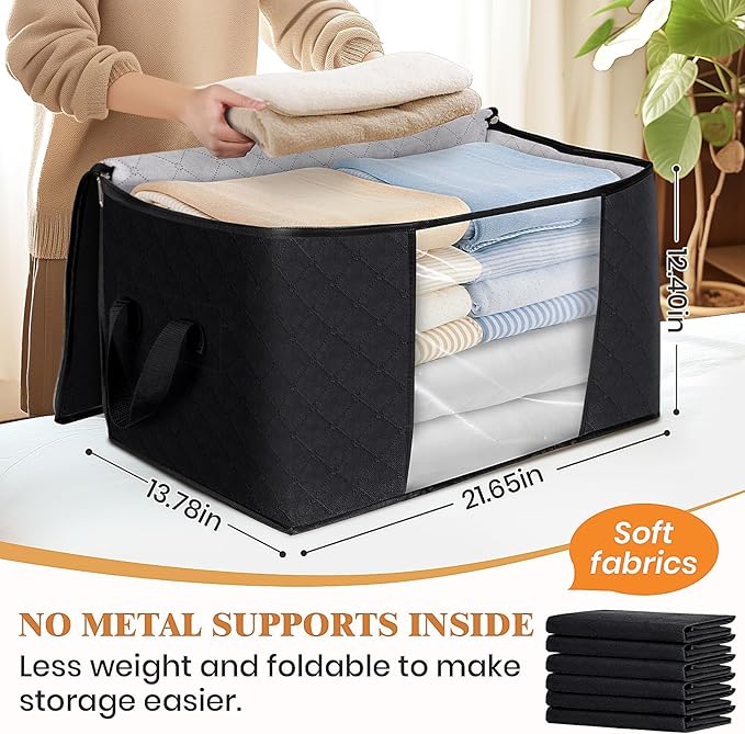 Fab totes Storage Bags,Clothes Blanket Storage Bins Foldable Closet Organizers with Reinforced Handle for Home Dorm Storage and Organization,Fabric Bags for Organizing Sheets,Clothing (Black,4 Pack)