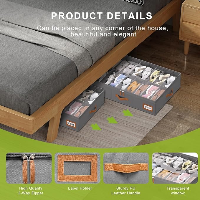 homyfort Shoe Organizer Under Bed, Fits 32 Pairs, Under bed Shoe Storage Boxes with Study Handles and Clear Cover, zapateras organizer for shoes, set of 2