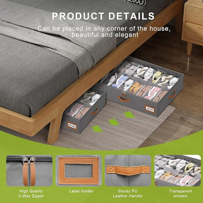 homyfort Shoe Organizer Under Bed, Fits 32 Pairs, Under bed Shoe Storage Boxes with Study Handles and Clear Cover, zapateras organizer for shoes, set of 2