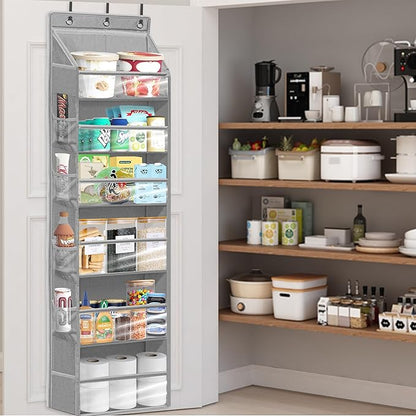 Door Shoe Organizer with 6 Extra Large Pockets and 12 Side Pockets, Large Capacity Hanging Storage Organizer with Clear Window for Shoes, Diapers, Grey, 6 Layers, 2-Pack