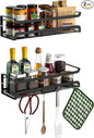 Spice Rack Wall Mount with Hooks - Spice Racks Organizer for Cabinet Storage, Wall Mounted Hanging Shelf Seasoning Organizer, for Kitchen, Pantry Door, Bathroom (Black, 2 Pack)