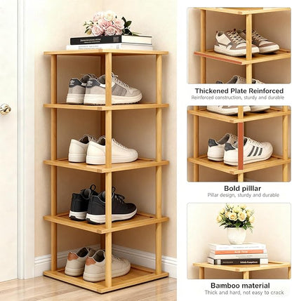 Aniston 5 Tier Small Shoe Rack Bamboo, Free Standing Slim Narrow Shoe Storage, Vertical Tall Shoe Shelf Organiser for Garage, Closet, Doorway, Corner, Living Room Small Spaces