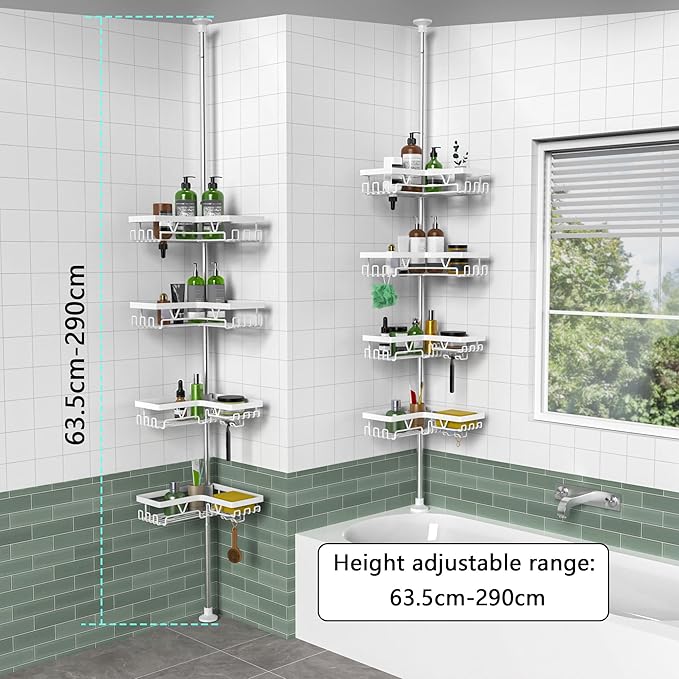 KEGII Corner Shower Caddy Tension Pole - 4-Tier Rustproof Bathroom Organizer, Floor to Ceiling Shower Caddy 25-114.2 inch, No Drilling Shower Storage Rack for Shampoo, Towels (Matte White) | Rustproof, Bathroom Organizer, Shower Storage Rack, for Shamp...
