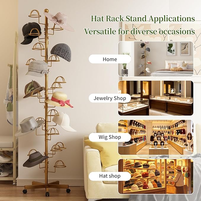 Freestanding Hats Rack Stand with 25 Customizable Circular Hooks Metal Hat Rack Hats Tree Organizer Rack Display Standing Floor Hat Stand for Home Store Commercial, Gold