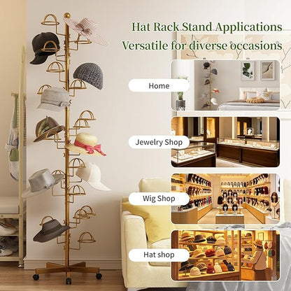 Freestanding Hats Rack Stand with 25 Customizable Circular Hooks Metal Hat Rack Hats Tree Organizer Rack Display Standing Floor Hat Stand for Home Store Commercial, Gold