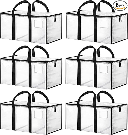 6 Pack Extra Large Heavy Duty Storage Bags, Waterproof Clear Storage Bins with Lids, Backpack Straps, Zippers & Handles, Moving Bags for Travel, Moving, College Dorm Storage