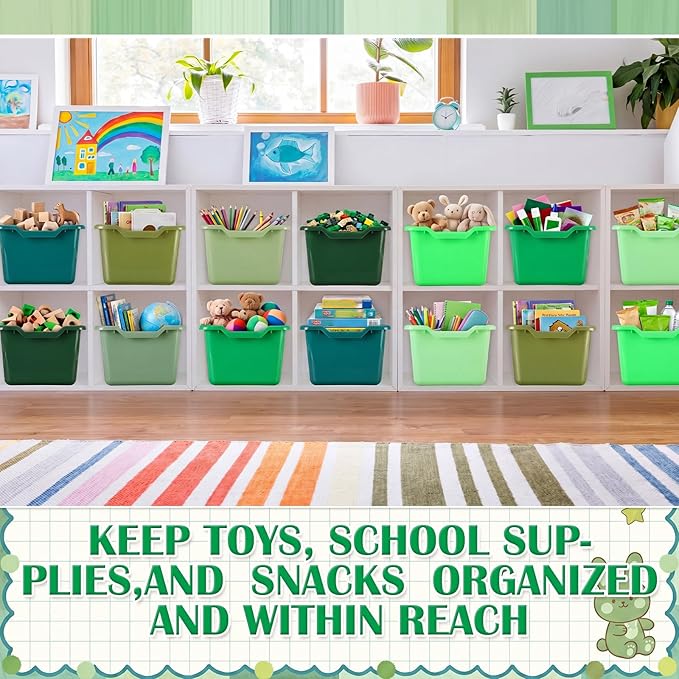 Dandat 16 Pcs Plastic Book Bins for Classroom Library Cubby Bins Scoop Front Stackable Toy Storage Tubs Containers for School Office Home Nursery Playroom Organization (Green Series)