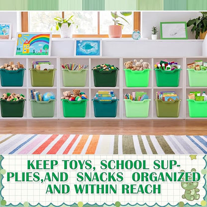 Dandat 16 Pcs Plastic Book Bins for Classroom Library Cubby Bins Scoop Front Stackable Toy Storage Tubs Containers for School Office Home Nursery Playroom Organization (Green Series)