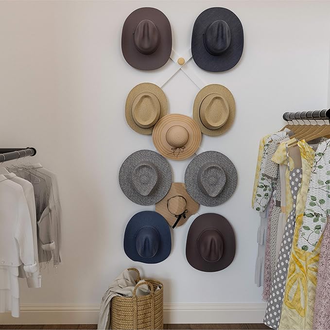 SKOLOO Large Hat Rack for Wall, Wooden Accordion Wall Hanger, Modern, Expandable Coat Hooks, Hat Display Rack for Home, Office, and Studio, 11 Peg, White