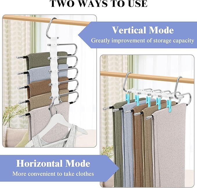 SANLIKE 2 Pack 5 Layers Pants Hangers Space-Saving Stainless Steel Closet Hangers 20pcs Fixed Clips Non-Slip Multi-Functional Pants Rack Two Hanging Modes for Trousers Jeans Leggings Scarf Skirts