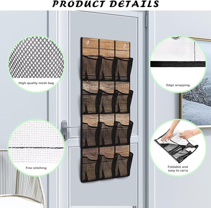 12 Pockets Door Hanger Organizer Woodgrain Over The Door Shoe Organizer Space Saving Multi-Funtion Storage Bag Mesh Fabric Wall Hanging Storage for Bathroom