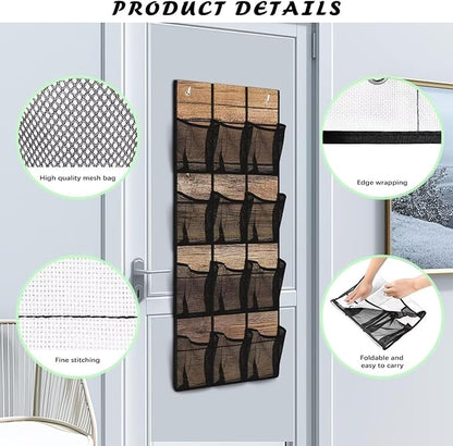 12 Pockets Door Hanger Organizer Woodgrain Over The Door Shoe Organizer Space Saving Multi-Funtion Storage Bag Mesh Fabric Wall Hanging Storage for Bathroom