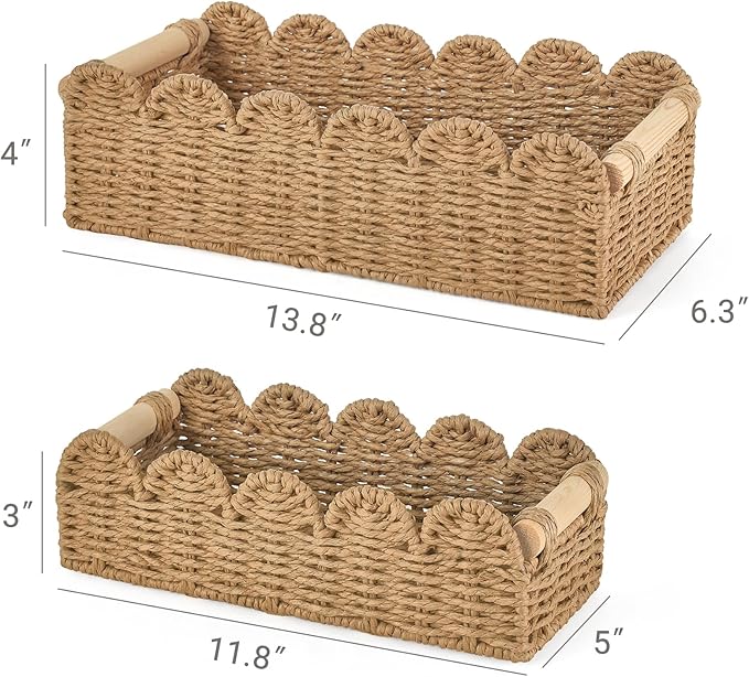 Dahey 2 Pcs Toilet Paper Storage Basket for Bathroom Woven Paper Rope Scalloped Edge Toilet Tank Basket with Handles for Organizing Over Toilet Storage Shelf Countertop Living Room Bedroom Home Decor