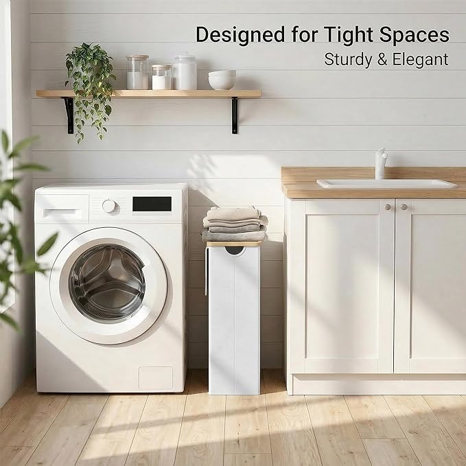 efluky Slim Laundry Basket with Lid, Narrow Laundry Hamper with Removable Bag, Skinny Dirty Clothes Basket with Bamboo Handles for Bathroom, Bedroom & Laundry Room, 65L White
