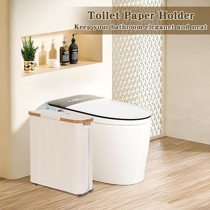 Toilet Paper Storage Basket with Lid - The Ultimate Bathroom Organizer, Free Standing Toilet Paper Holder for Up to 12 Mega Rolls, Toilet Tissue Storage Bin with Handle for RV Closet, Beige