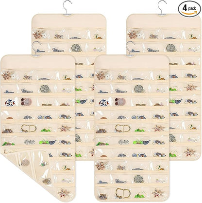 4 Pack Hanging Jewelry Organizer with 80 Clear Pockets, Double-Sided Hanger for Closet Door Wall, Beige Jewelry Holder for Earrings, Necklaces, Bracelets