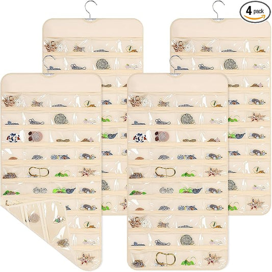 4 Pack Hanging Jewelry Organizer with 80 Clear Pockets, Double-Sided Hanger for Closet Door Wall, Beige Jewelry Holder for Earrings, Necklaces, Bracelets