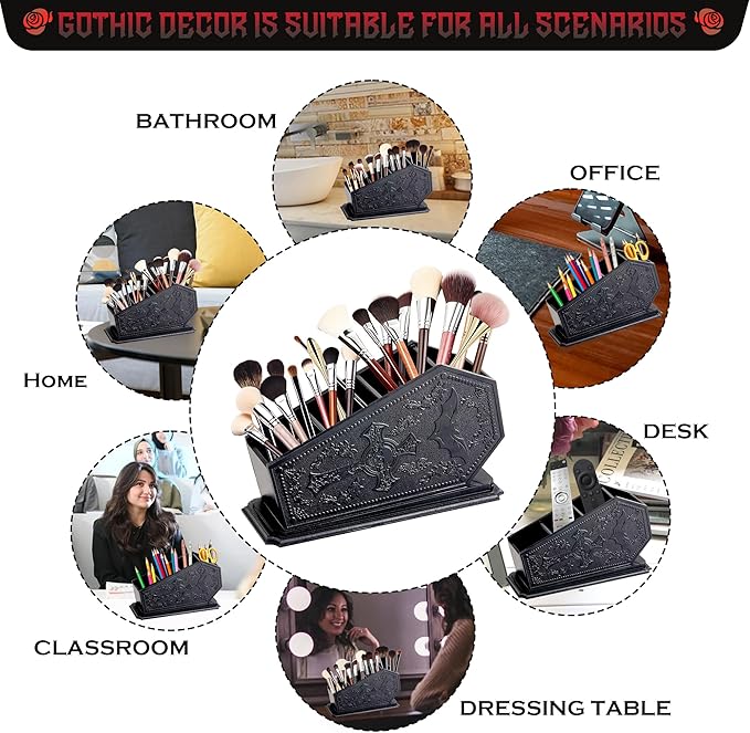 Gothic Coffin Decor Makeup Brush Holder,Spooky Witchy Gifts for Women,Bat Cosmetic Display Cases,Cross Goth Decor Pen Holder, Vanity, Desk, Office Organizer for Christmas Bedroom Bathroom,Black
