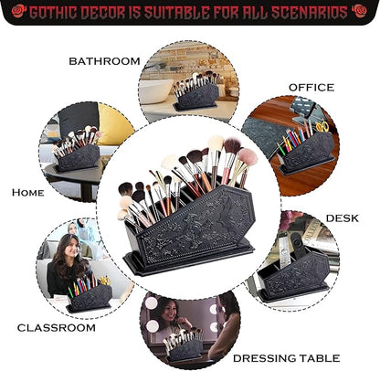 Gothic Coffin Decor Makeup Brush Holder,Spooky Witchy Gifts for Women,Bat Cosmetic Display Cases,Cross Goth Decor Pen Holder, Vanity, Desk, Office Organizer for Christmas Bedroom Bathroom,Black