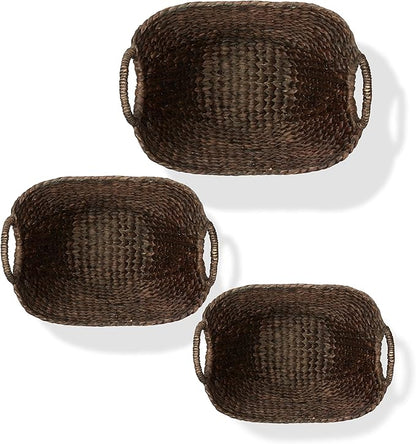 Casafield Set of 3 Multipurpose Boat Baskets with Handles - Espresso, Woven Water Hyacinth Storage Organizers for Throw Blankets, Bedroom, Laundry
