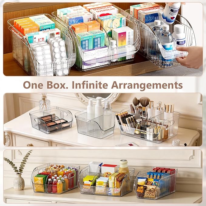 Set of 3 Pantry Organizers and Storage Bins with Removable Dividers - Clear Plastic Storage Box for Cabinet, Kitchen, Fridge, Bathroom, Home Organization Food Containers, Large Medium Small