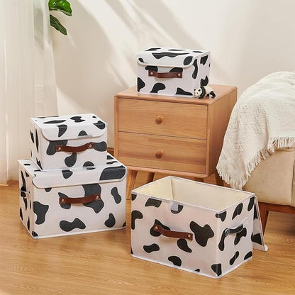 2PCS Storage Bins with Lid Cow Print Cute Fabric Storage Basket Box Faux Leather Handles PP Plastic Board Foldable Washable Lidded Cotton Linen Closet Shelf Organizer Container (Large Size)