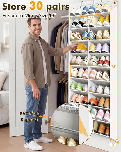 20-30 Pairs Over the Door Shoe Organizer, 10 Tiers Shoe Rack for Door, Hanging Shoe Organizer Storage for Closet, Bedroom, Bathroom with Wider & Deeper Pockets, White