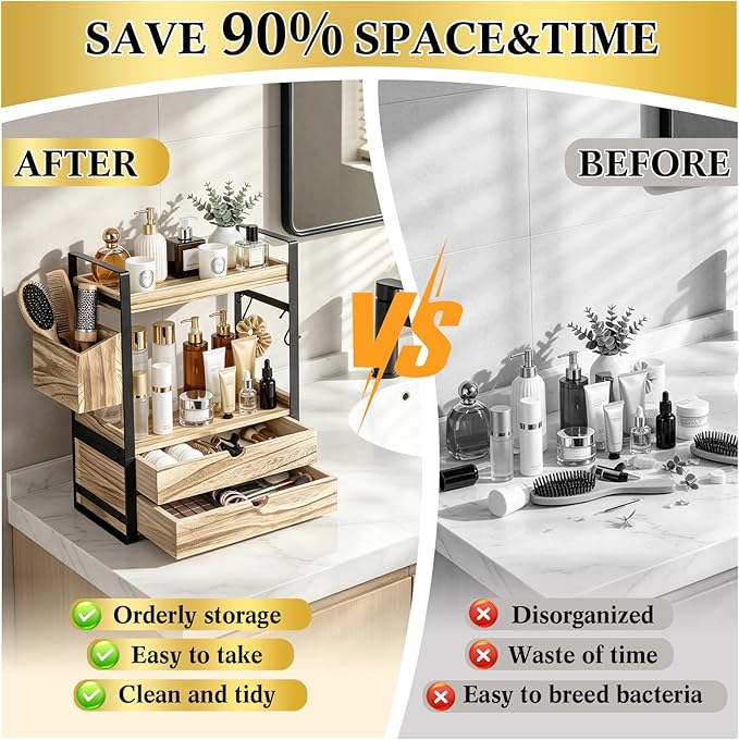 2-Tier Bathroom Counter Organizer with 2 Drawers, Basket and Hooks, Wood Bathroom Organizers and Storage for Countertop, Farmhouse Bathroom Countertop Organizer for Vanity, Kitchen, Coffee Bar, Office