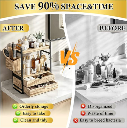 2-Tier Bathroom Counter Organizer with 2 Drawers, Basket and Hooks, Wood Bathroom Organizers and Storage for Countertop, Farmhouse Bathroom Countertop Organizer for Vanity, Kitchen, Coffee Bar, Office