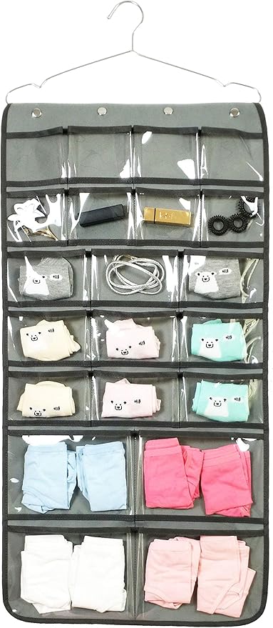 NIMES Hanging Closet Underwear Sock Bra Organizer Dual-Sided Accessories Storage With 42 Clear Pockets (GREY)