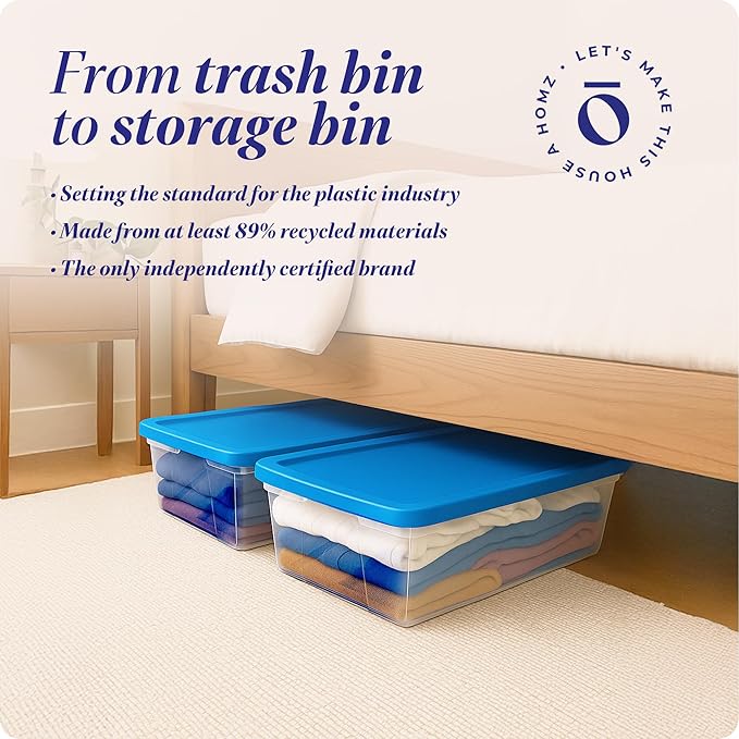 HOMZ 2-Pack Snaplock, Large Clear Plastic Storage Organizer Bins w/Lids, 41 Quart, Blue - Stackable Container Boxes for Bedroom, Bathroom, Garage, and Office Organization