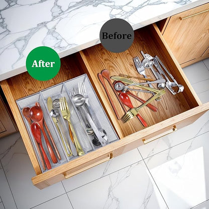 6 PCS Mesh Flatware Organizer, Silver Mesh Drawer Organizer for Kitchen, Metal Utensil Organizers for Flatware, Knives, Spoons,Cosmetic for Kitchen Utensil Tray (Silver, 9 x 3 x 2 inch)