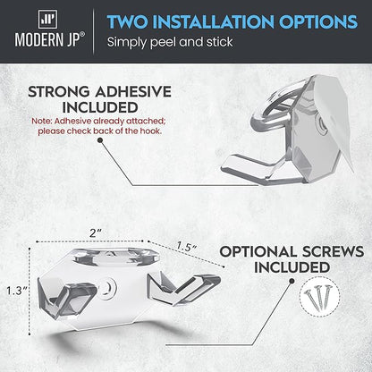 Modern JP Adhesive Hat Hooks for Wall (8-Pack) - Hat Rack for Baseball Caps, Minimalist Hat Display, Strong Hold Hat Hangers for Wall - USA Patented, Clear